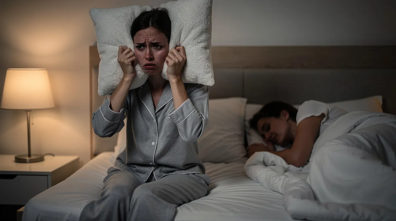 Person struggling to sleep due to partner snoring